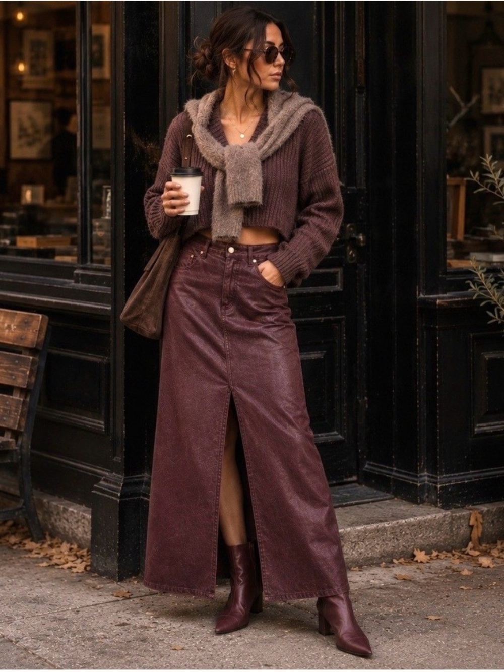 Anthropologie Pilcro Madi Front Slit Coated Denim Skirt Burgundy 14 NWT - Picture 3 of 15